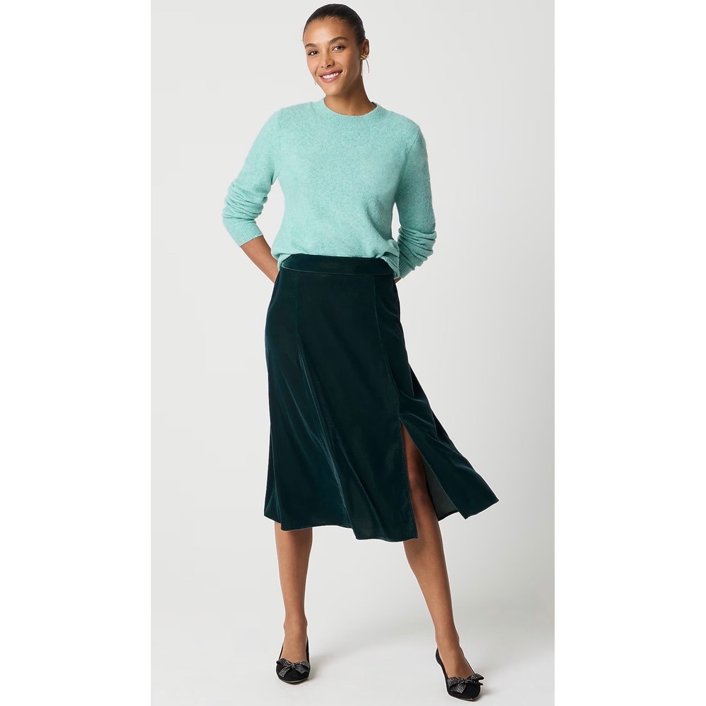 J. Crew Darkest Forest Green Velvet Pull-On Side Slit Midi Skirt CP114 Large NEW